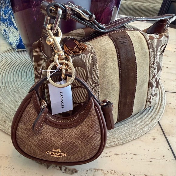 Coach Handbags - NWT MINI Coach Brown Signature Leather Bag Coin Purse Charm with Key Ring